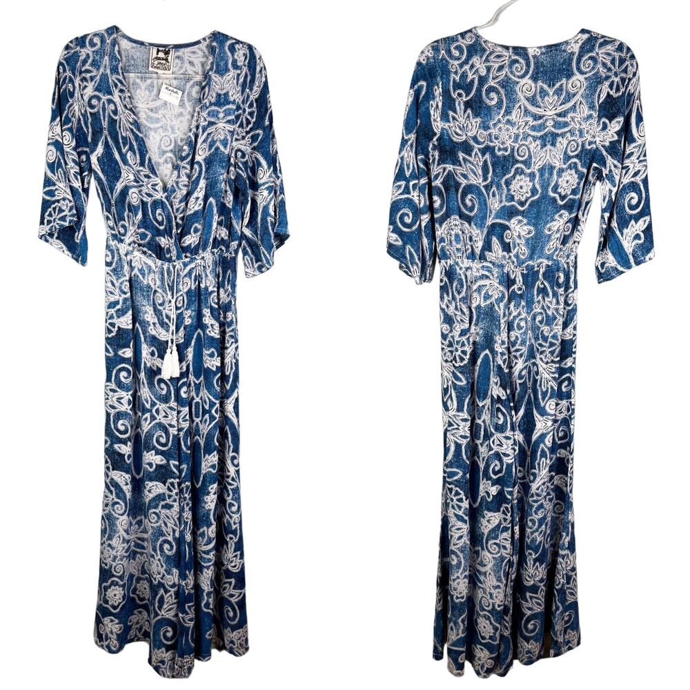 Jaase Jumpsuit Blue White Geometric Print S Bohemian Wide Leg New